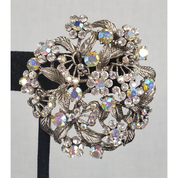 Vintage 1950's Flower Filigree AB Crystal Rhinestone Silver Tone 2" Brooch - Picture 4 of 14